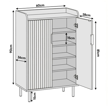 [Black] Flutrina shoe cabinet dimension diagram showing W60 x D28 x H90cm with 15cm shelf spacing and 36cm depth