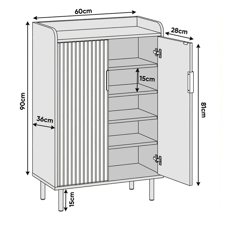 [Black] Flutrina shoe cabinet dimension diagram showing W60 x D28 x H90cm with 15cm shelf spacing and 36cm depth