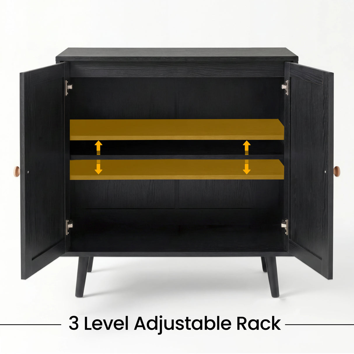 [Black] cabinet with a 3-level adjustable rack shown inside, on a white background.