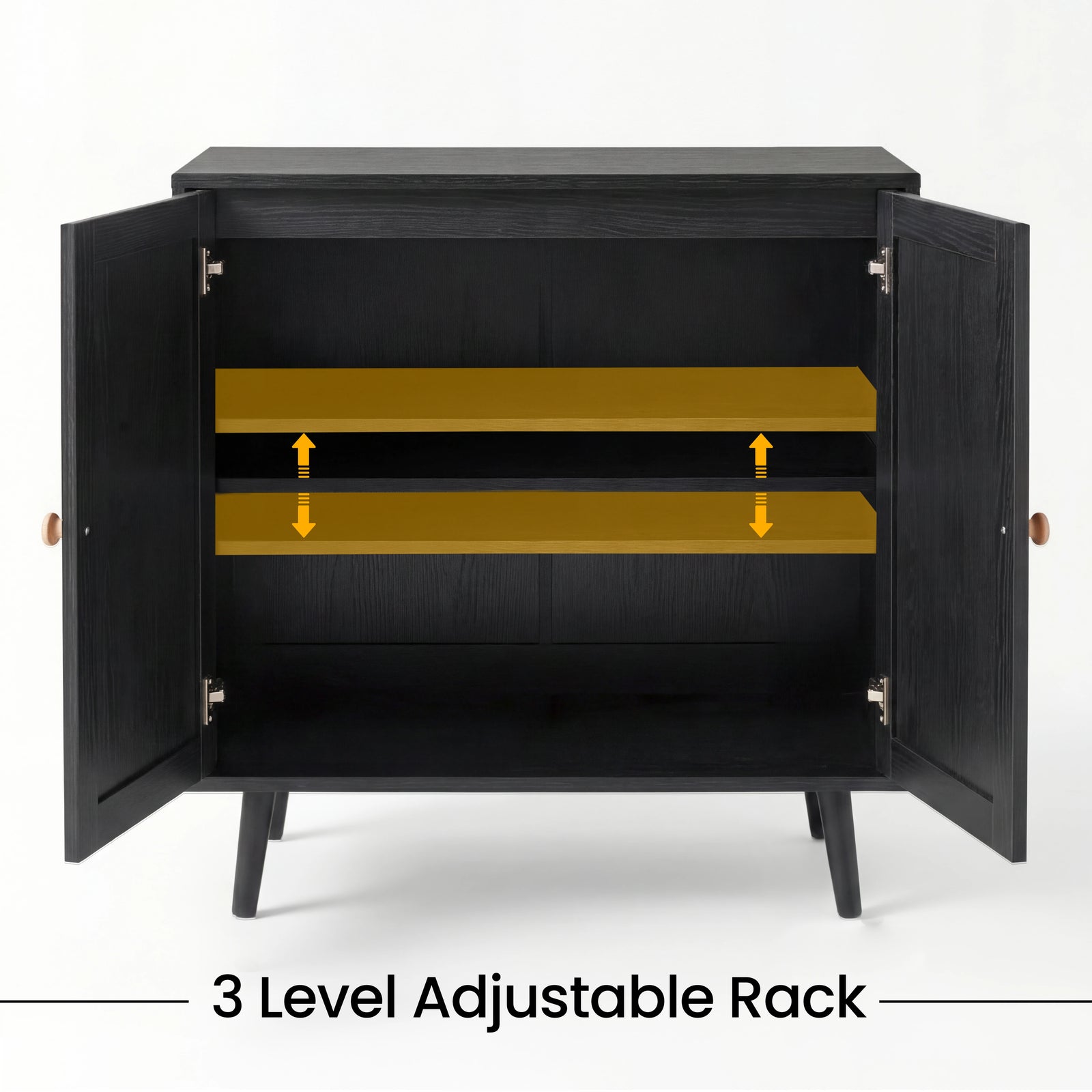 [Black] rattan sideboard interior diagram with arrows highlighting the three adjustable shelf height options