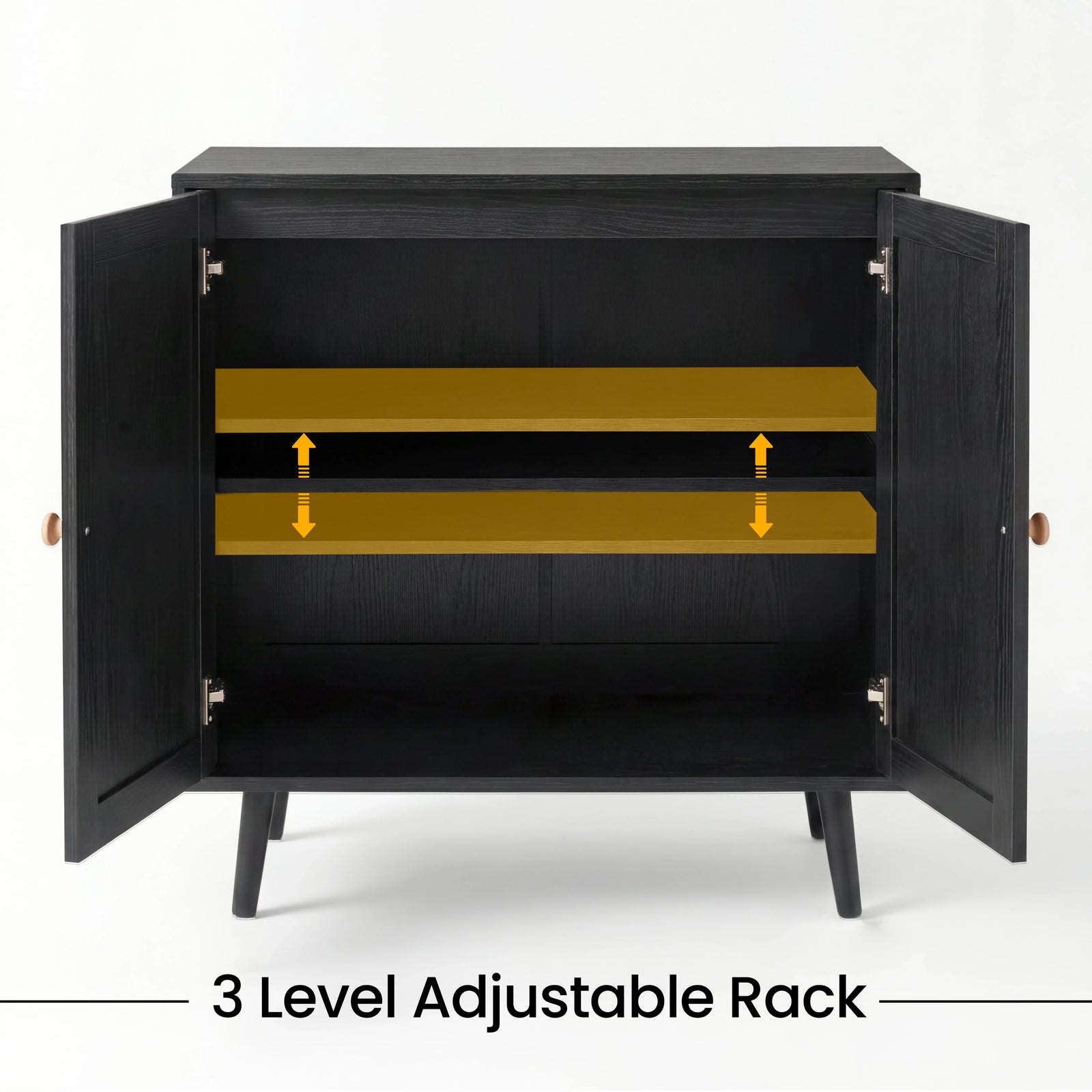 [Black] rattan sideboard interior diagram with arrows highlighting the three adjustable shelf height options