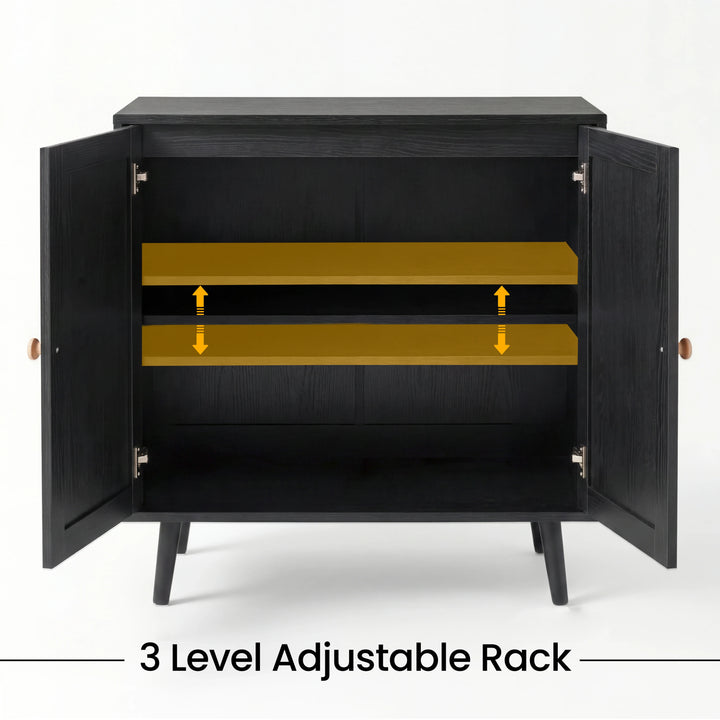 [Black] rattan sideboard interior diagram with arrows highlighting the three adjustable shelf height options