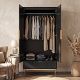 Open black wardrobe with two doors, displaying hanging garments and storage space in a modern room