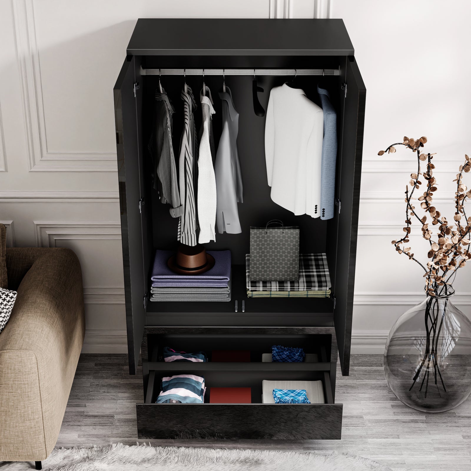[Black] Open 2 door wardrobe showing full-width hanging rail with clothes on hangers and open bottom drawer.