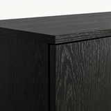 [Black] Top panel corner detail of black wardrobe highlighting surface texture and sharp edges