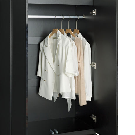 Black 2-door wardrobe with 2 drawers, offering a stylish and practical storage solution for clothes.