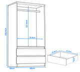 [Black] 2 door wardrobe dimensions: 182.5cm height, 80cm width, 50cm depth, hanging rail 127.5cm, drawers 12cm