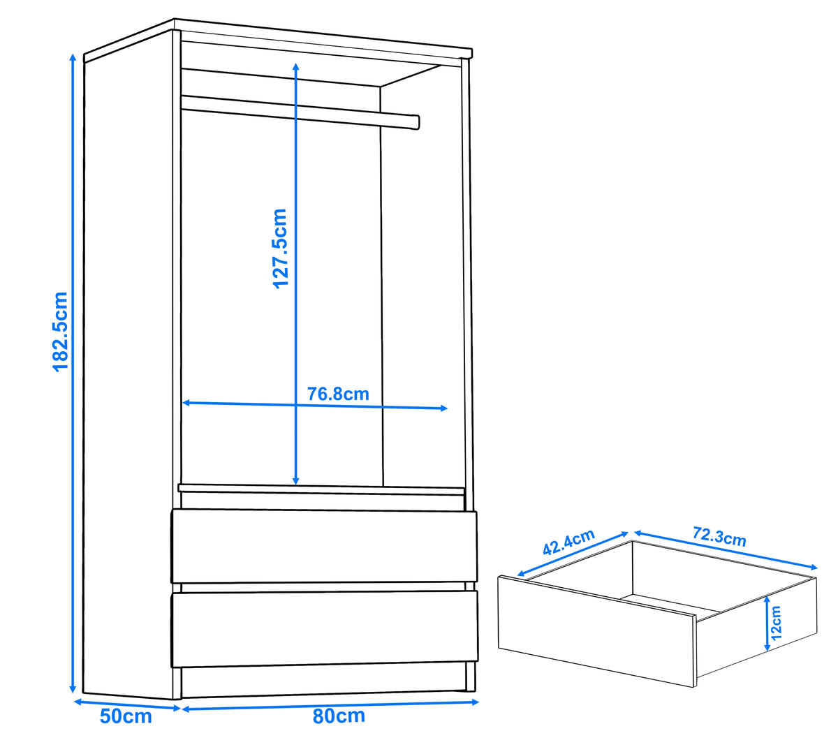 [Black] 2 door wardrobe dimensions: 182.5cm height, 80cm width, 50cm depth, hanging rail 127.5cm, drawers 12cm