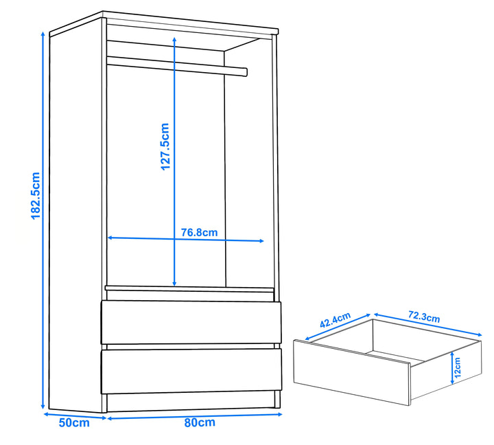 [Black] 2 door wardrobe dimensions: 182.5cm height, 80cm width, 50cm depth, hanging rail 127.5cm, drawers 12cm