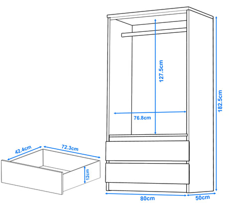 [Black] 2 door wardrobe dimensions: 182.5cm height, 80cm width, 50cm depth, hanging rail 127.5cm, drawers 12cm.