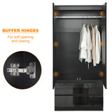 Black 2-door wardrobe with drawers, featuring a buffer hinge for smooth door closure.