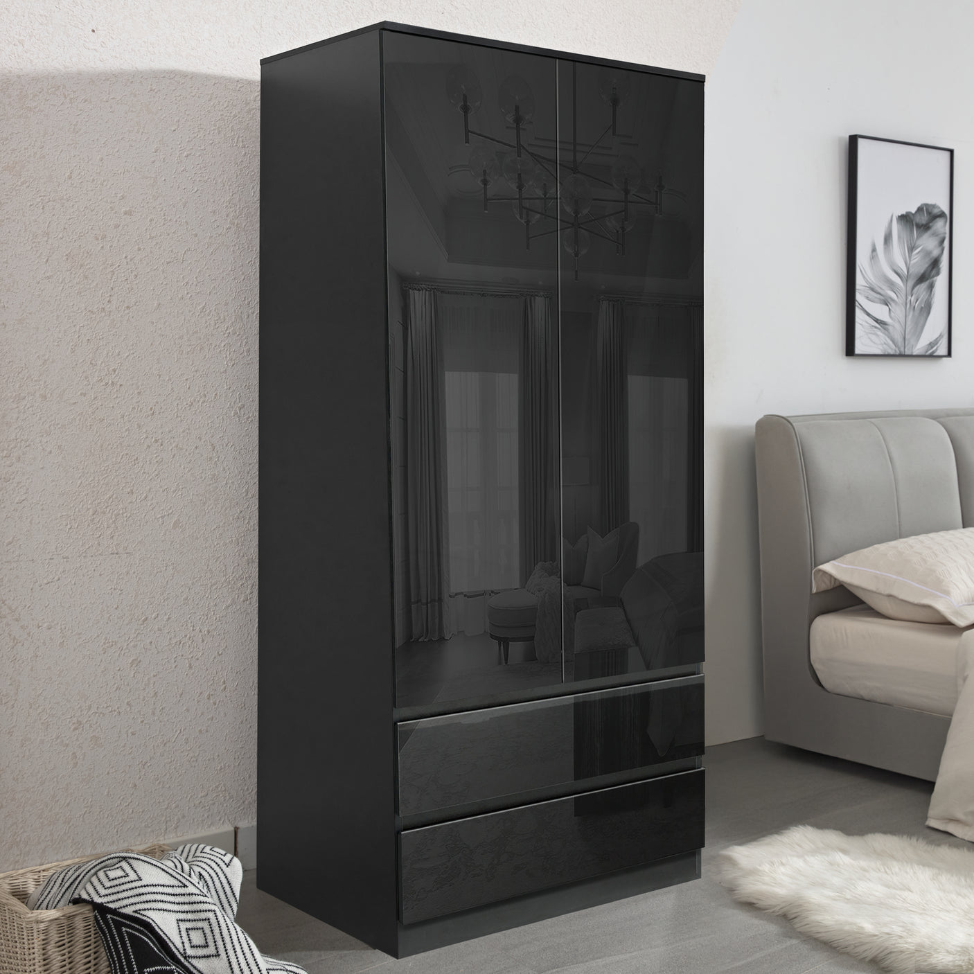 High Gloss 2 Door Wardrobe With Drawers And Hanging Space in black finish, featuring sleek handleless design, ideal for modern bedroom storage.