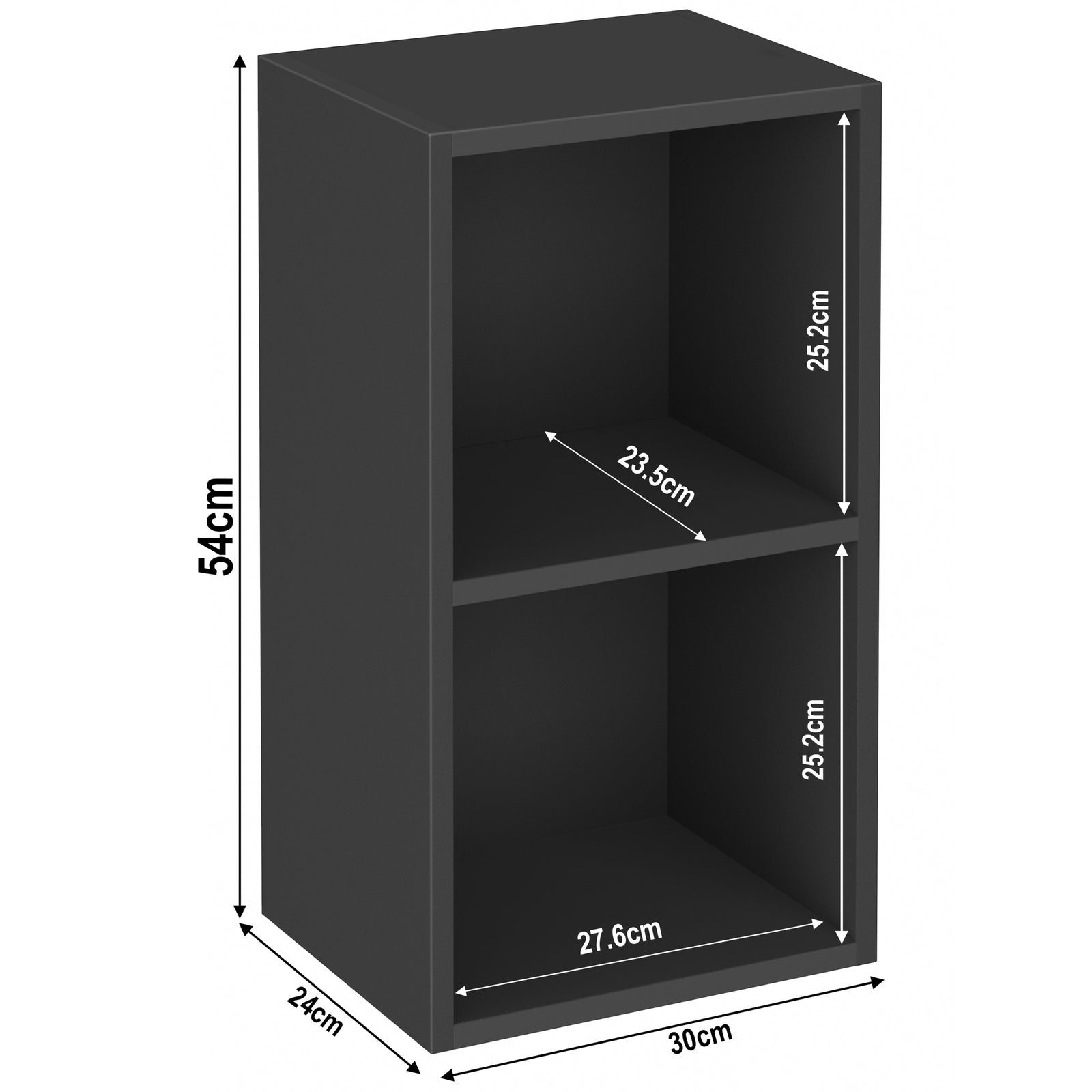 [2 Shelf | Black] diagram of matte black 2-shelf bookcase, 30W x 24D x 54H cm; for warm low-lit den