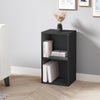[2 Shelf | Black] bedside-height black-painted bookcase tucked beside chair by charcoal feature wall