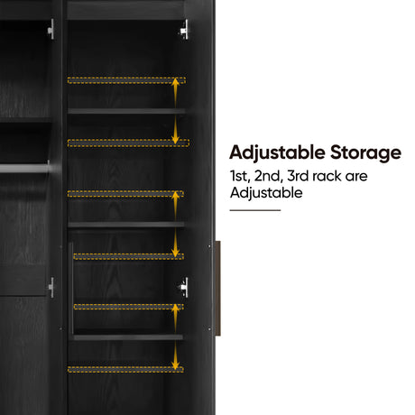 [Black]  Interior view of a black 3-door wardrobe highlighting adjustable storage with three movable interior racks
