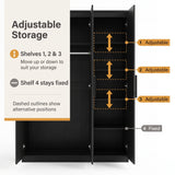 [Black] Adjustable shelf diagram showing open wardrobe, movable shelves, fixed lower shelf, and height markers