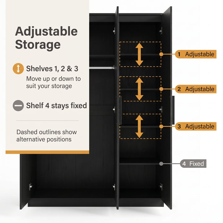 [Black] Adjustable shelf diagram showing open wardrobe, movable shelves, fixed lower shelf, and height markers