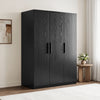 [Black] Angled room view of a closed three door wardrobe with vertical handles beside a round side table