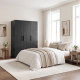 [Black] Bedroom lifestyle view with wardrobe beside a bed, window curtains, pale bedding, and nightstand