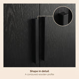 [Black] Close-up of twin vertical handles on textured doors with inset handle shape detail