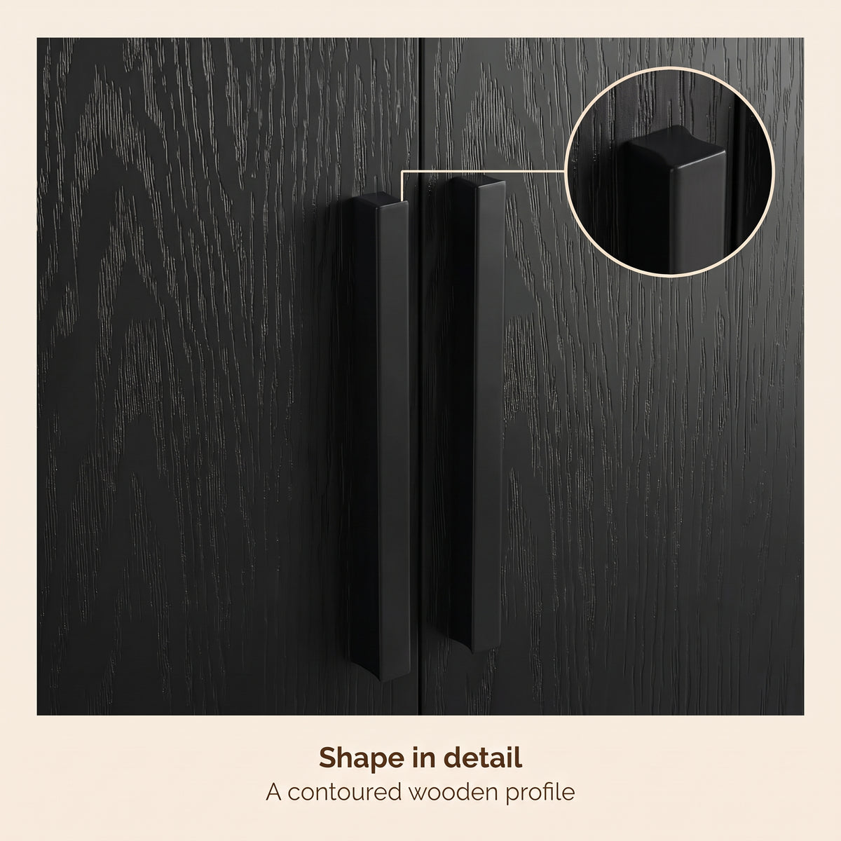 [Black] Close-up of twin vertical handles on textured doors with inset handle shape detail