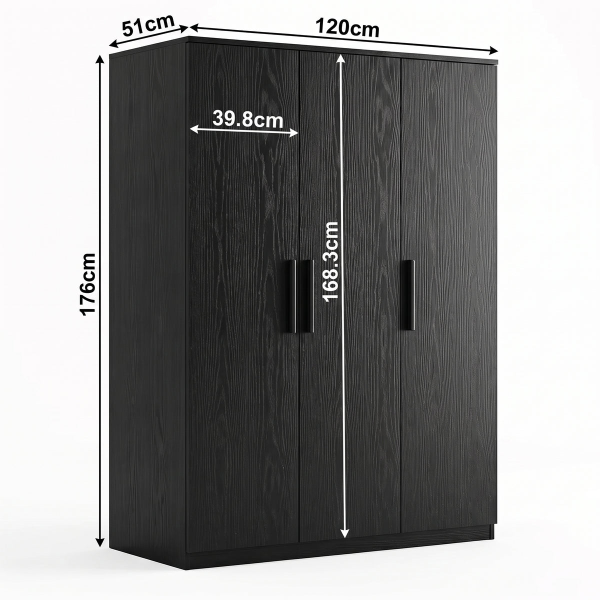 [Black] Dimension diagram showing 120cm width, 176cm height, 51cm depth, and 39.8cm door section