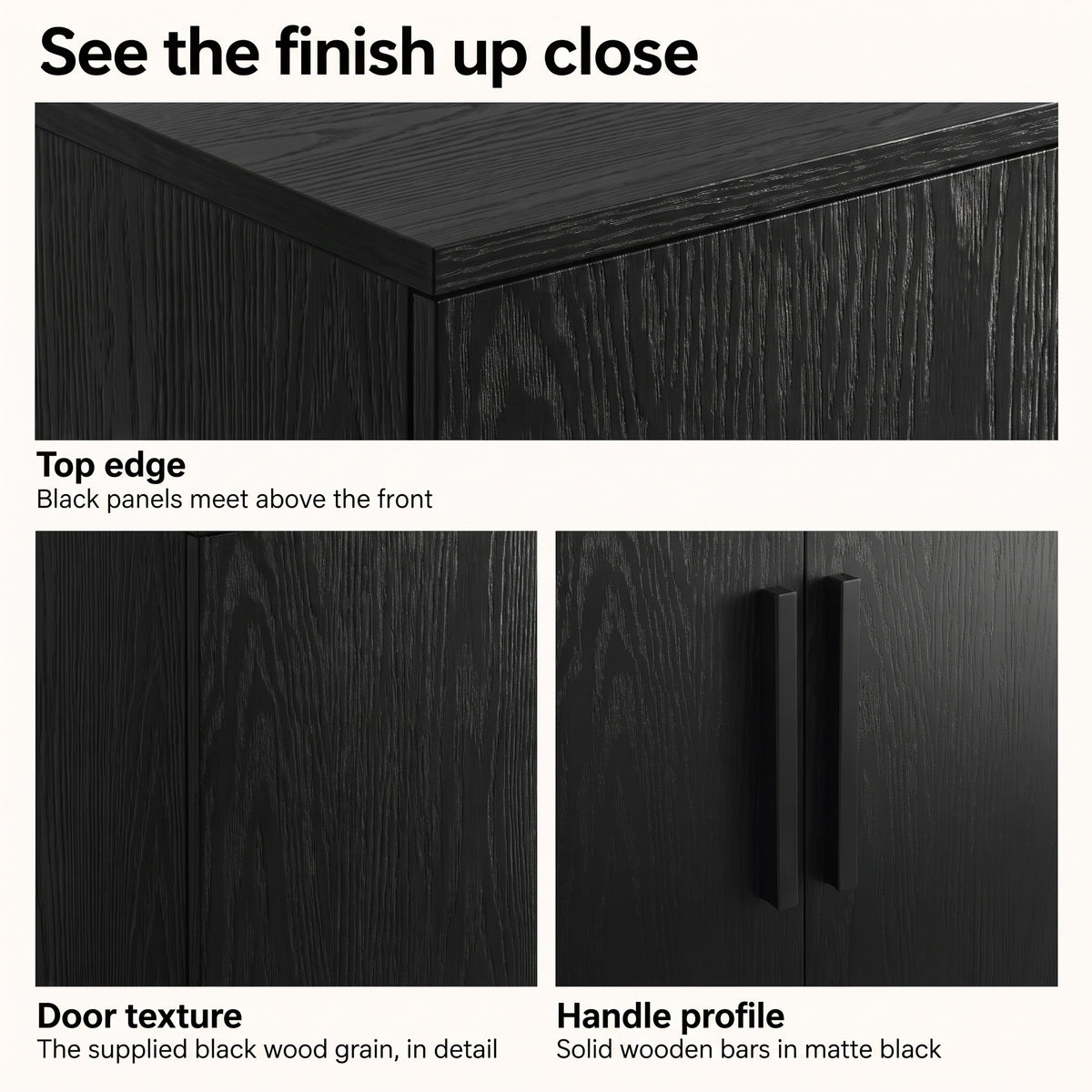 [Black] Finish detail collage showing top edge, door grain texture, and matte handle profile
