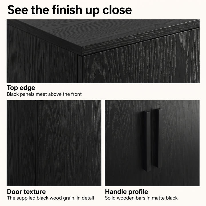 [Black] Finish detail collage showing top edge, door grain texture, and matte handle profile