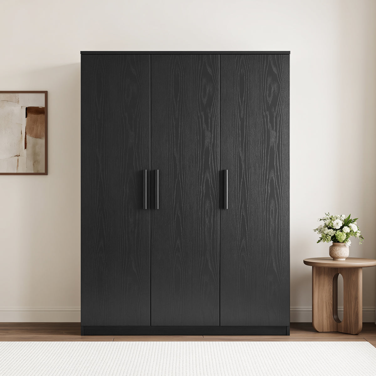 [Black] Straight front view showing three closed doors, wood grain texture, vertical handles, and base plinth