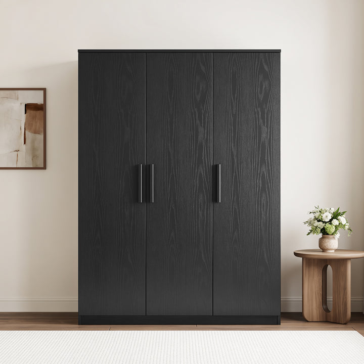 [Black] Straight front view showing three closed doors, wood grain texture, vertical handles, and base plinth