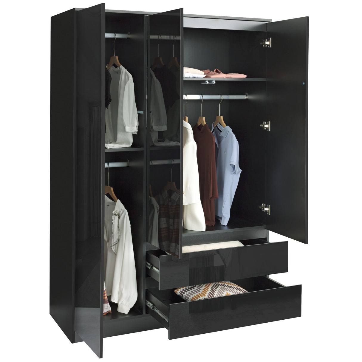 Black 3-door wardrobe on sale, offering sleek storage with ample space for your essentials.