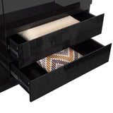 Black 3-door wardrobe with drawers and shelves for efficient storage and organization.