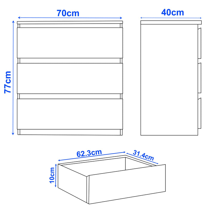 [Black] dimension diagram: 70cm x 40cm x 77cm with individual drawer sizes labelled