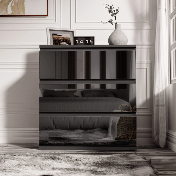 [Black] high gloss 3 drawer chest closed view in bright bedroom with curtains and rug