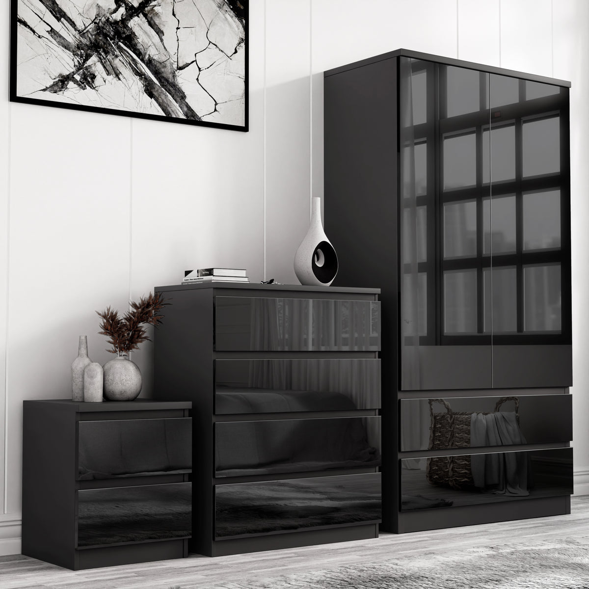 High Gloss 3 Piece Wardrobe Set with Chest of Drawers - Black