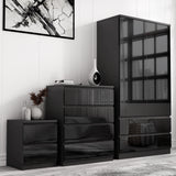 [Black] 3 piece bedroom furniture set in high gloss with 2 door wardrobe, 4 drawer chest and bedside table