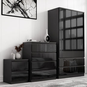 [Black] 3 piece bedroom furniture set in high gloss with 2 door wardrobe, 4 drawer chest and bedside table