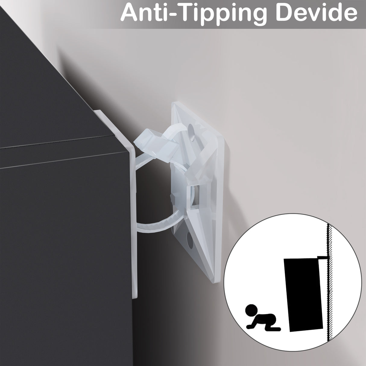 anti-tip device on black cube unit, combining secure storage with modern design for your living room