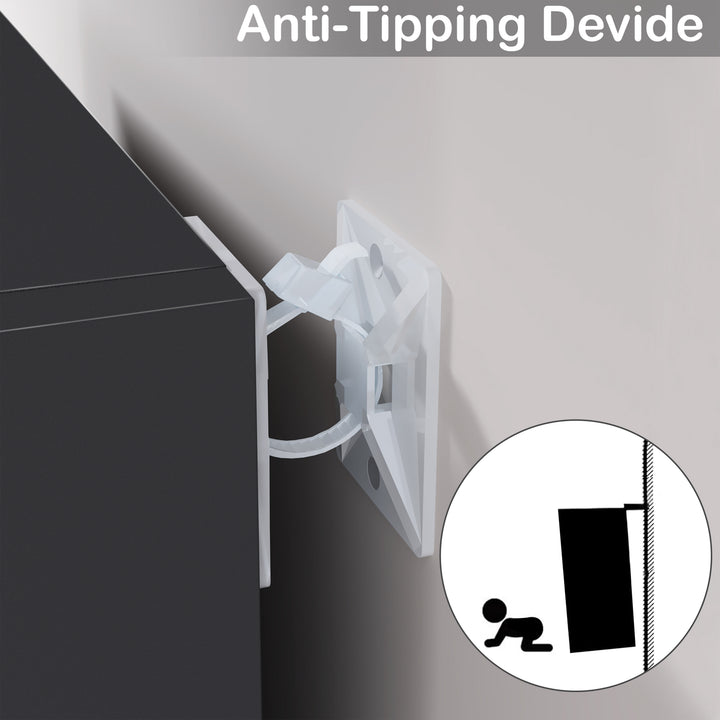 [3 Shelf | Black] safety strap fixing three-cubby half-height black unit to charcoal feature wall, child icon