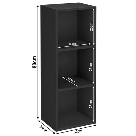 measurements of 3 tier black cube shelving unit, height 80cm and width 30cm. Shelf dimensions: height 25cm and depth 23.5cm