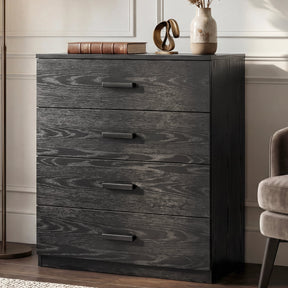 [Black] four drawer chest styled in neutral interior with floor lamp and decorative accessories