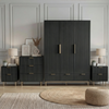 Black four piece bedroom furniture set placed on wooden flooring, including a wardrobe, dresser, and two bedside tables