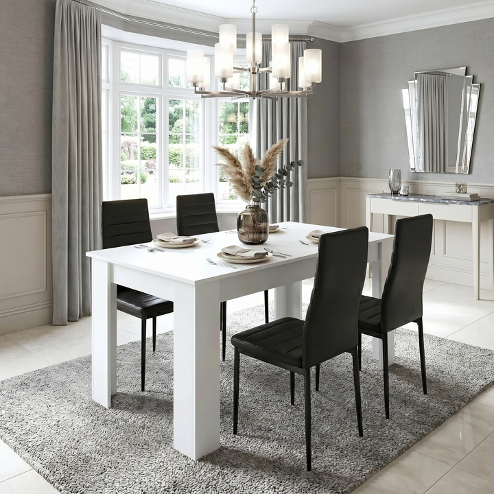 [4 Seater | Black] Black 4-6 Seater Dining Table and Chairs Set showing a white rectangular table matched with black high-back chairs on a plush grey rug in a traditional room