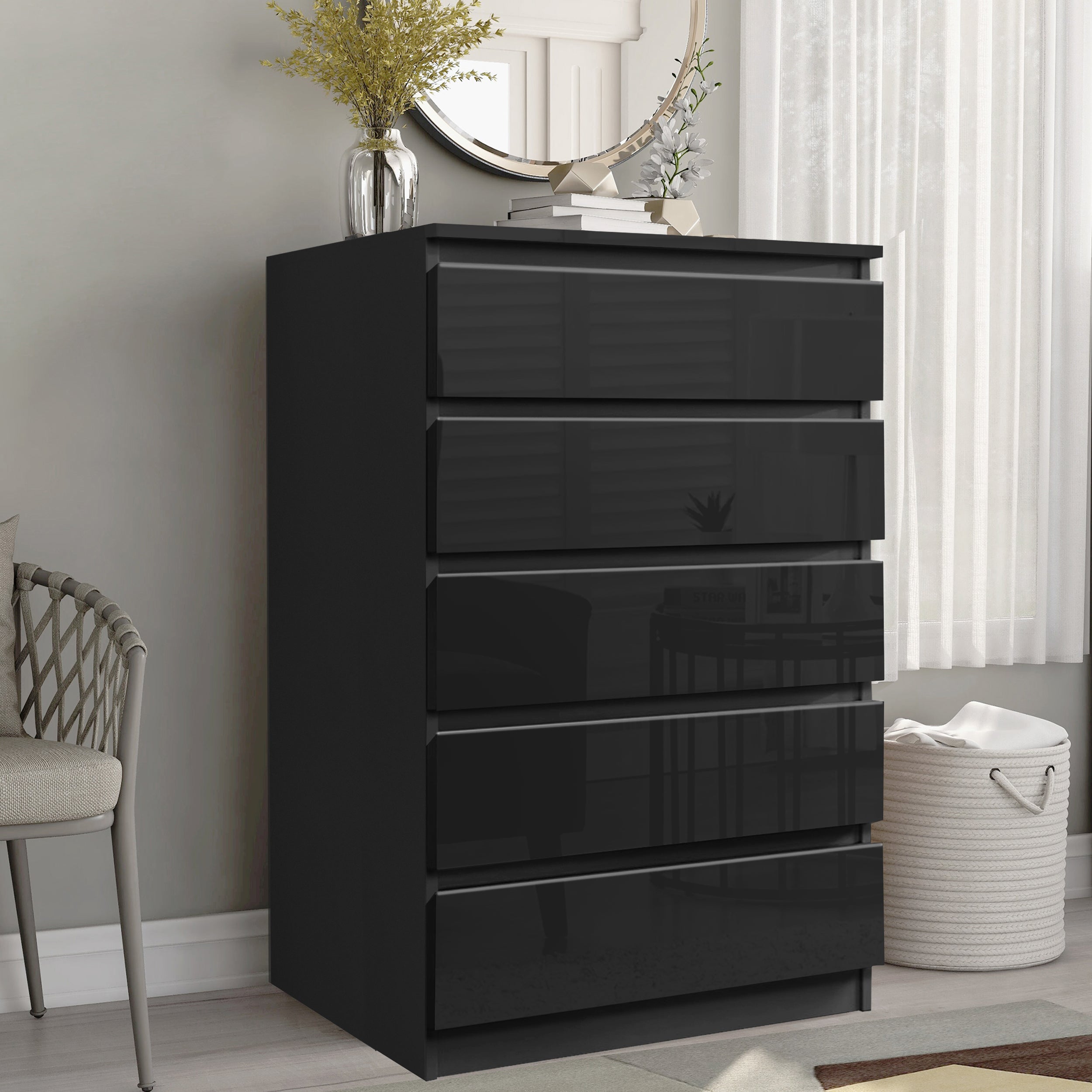 Black 5-drawer chest, modern design with ample storage, sleek and durable finish.