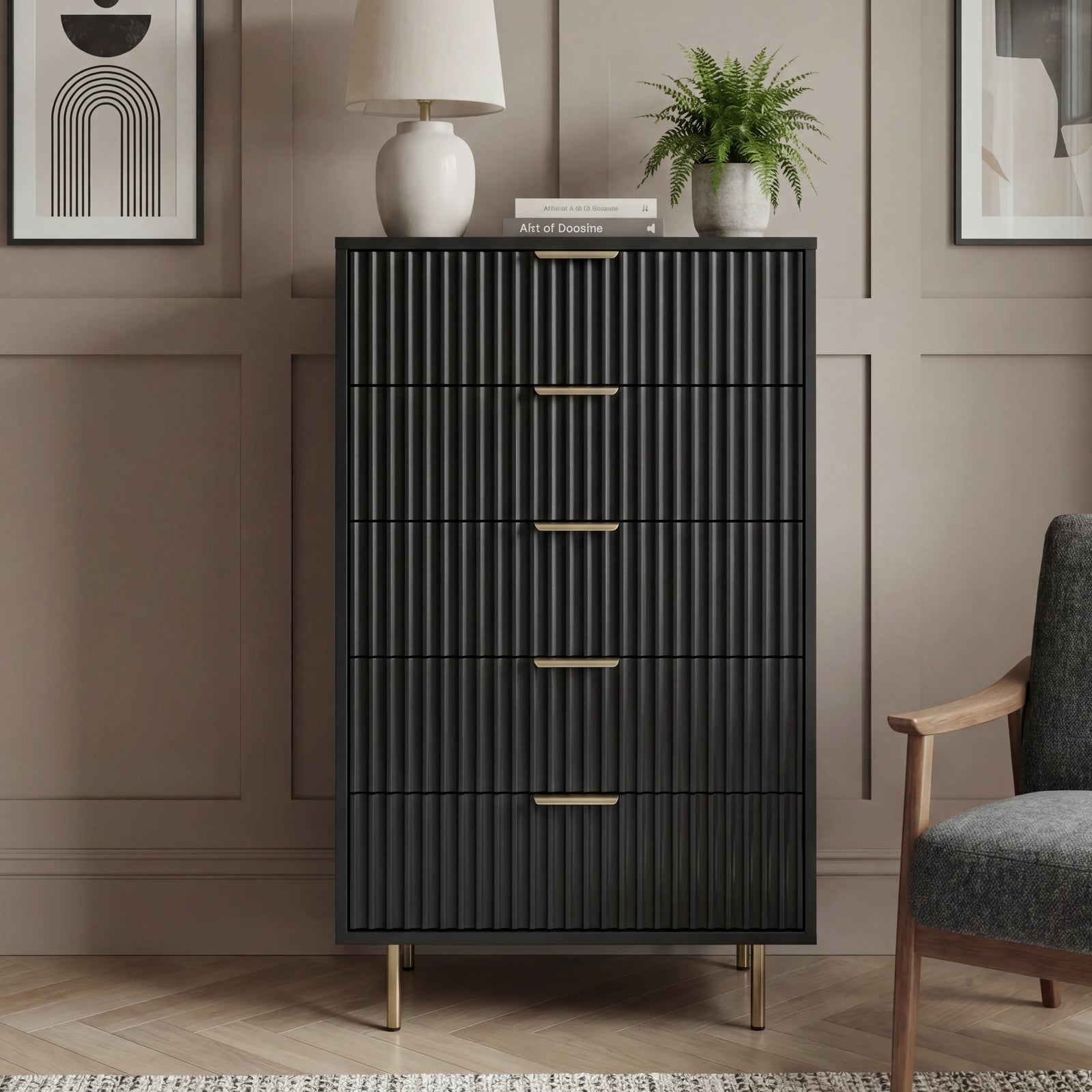 [Black] bedroom chest front elevation highlighting five drawers in flutrina structured, and elevated metal legs