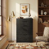 [Black] Front view of black five drawer chest with flat drawer fronts and an integrated wooden handle detail