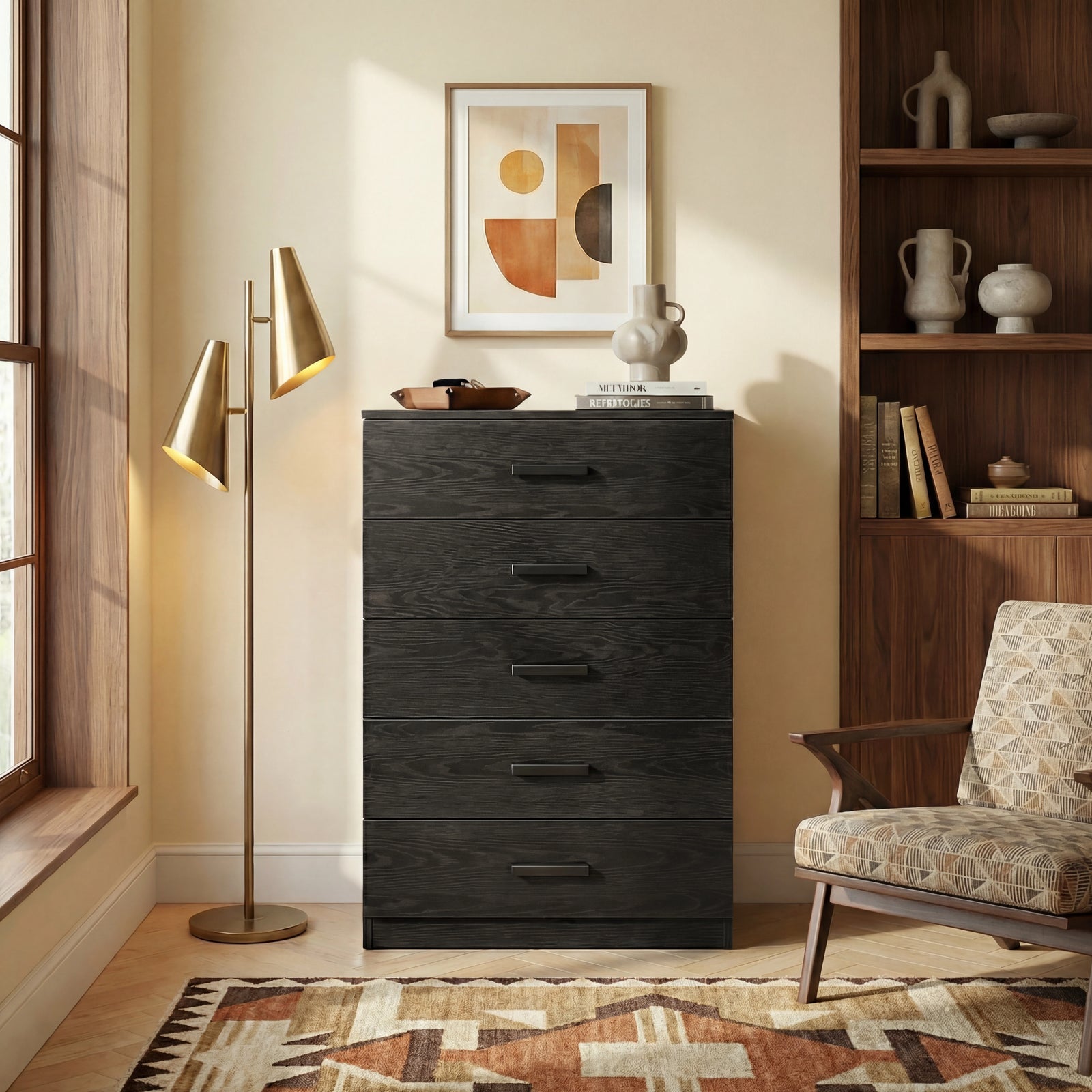 [Black] Front view of black five drawer chest with flat drawer fronts and an integrated wooden handle detail