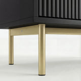 Black 5 drawer chest, lower section showing silver metal legs and corner frame construction