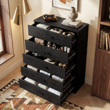 [Black] five drawer chest shown at angle with drawers open, revealing storage depth and side runner mechanism