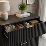 Black five drawer cabinet top surface styled with decor to show depth and flat profile in a modern room with natural lighting
